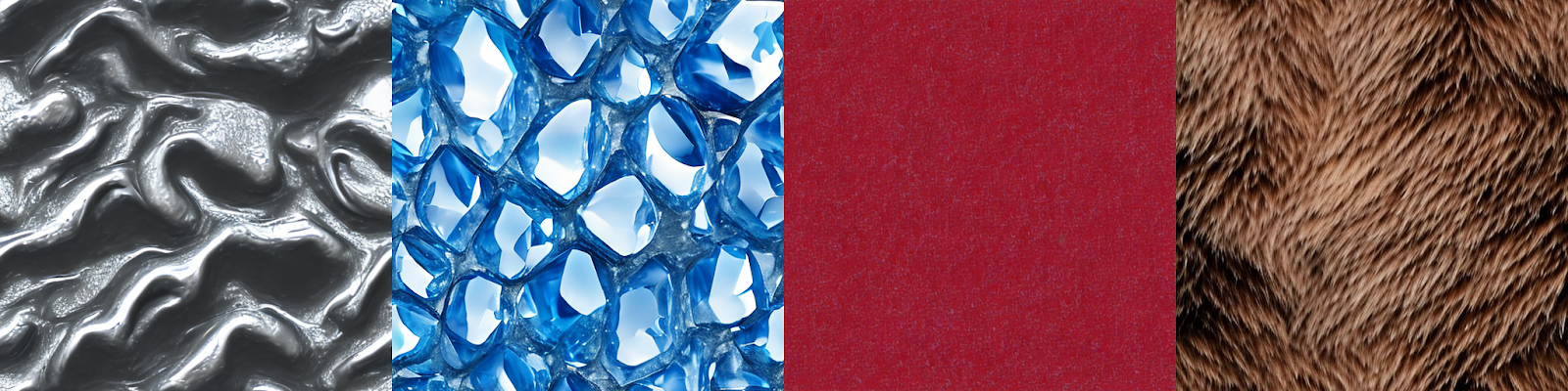 Sample outputs from our first version of Photo-Real-Unity-Texture-1. From left to right: metal slime, blue crystal glass rocks, red fabric, bear fur