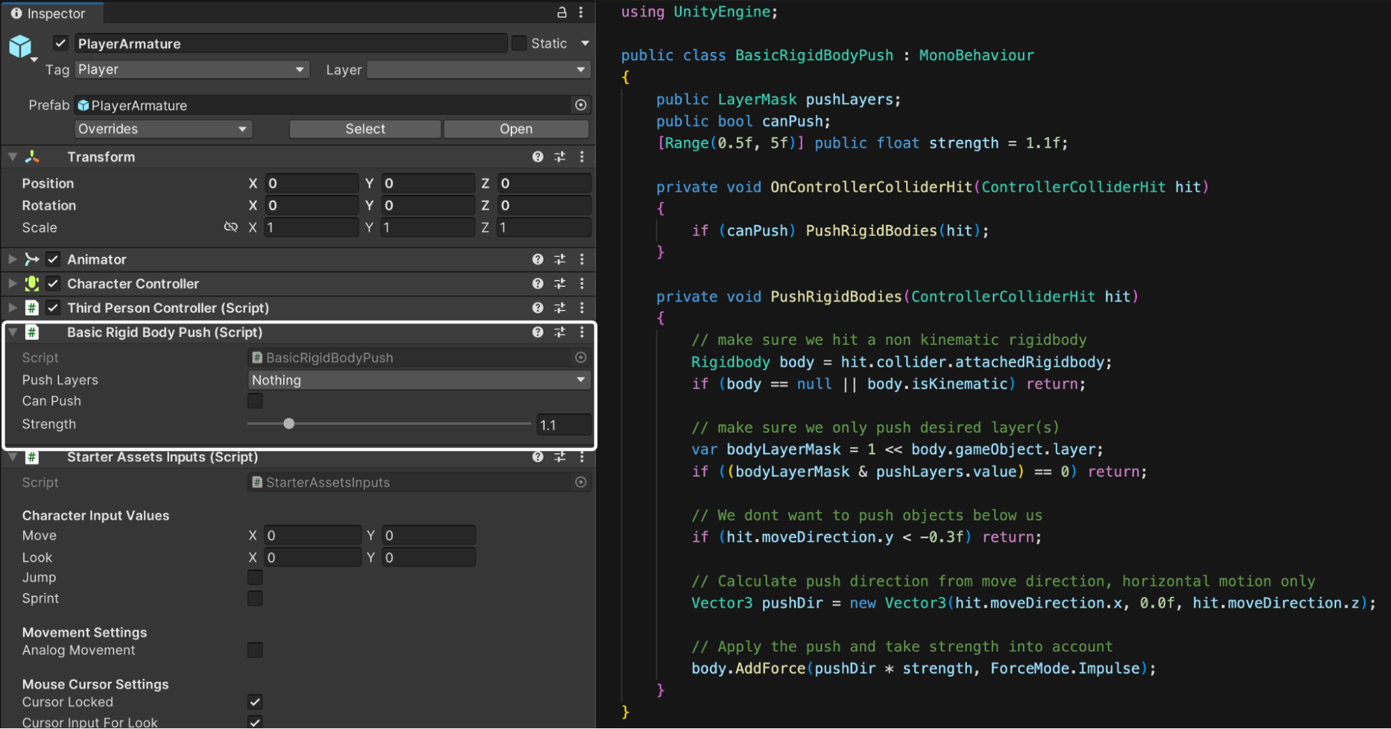 A Unity component highlighted in the Inspector (left) and how it looks in code (right)