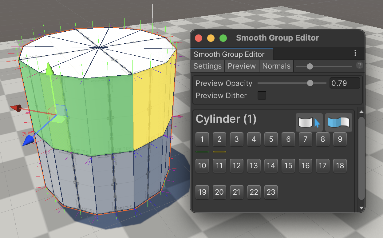 When the Smooth Group Editor window is open, the mesh will show the different groups by color code.