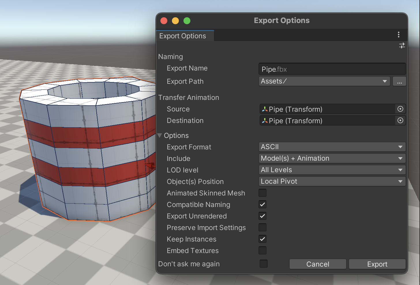 When you install the FBX Exporter package, under GameObject > Export To FBX, you’ll have options to export your model to share with your artists.