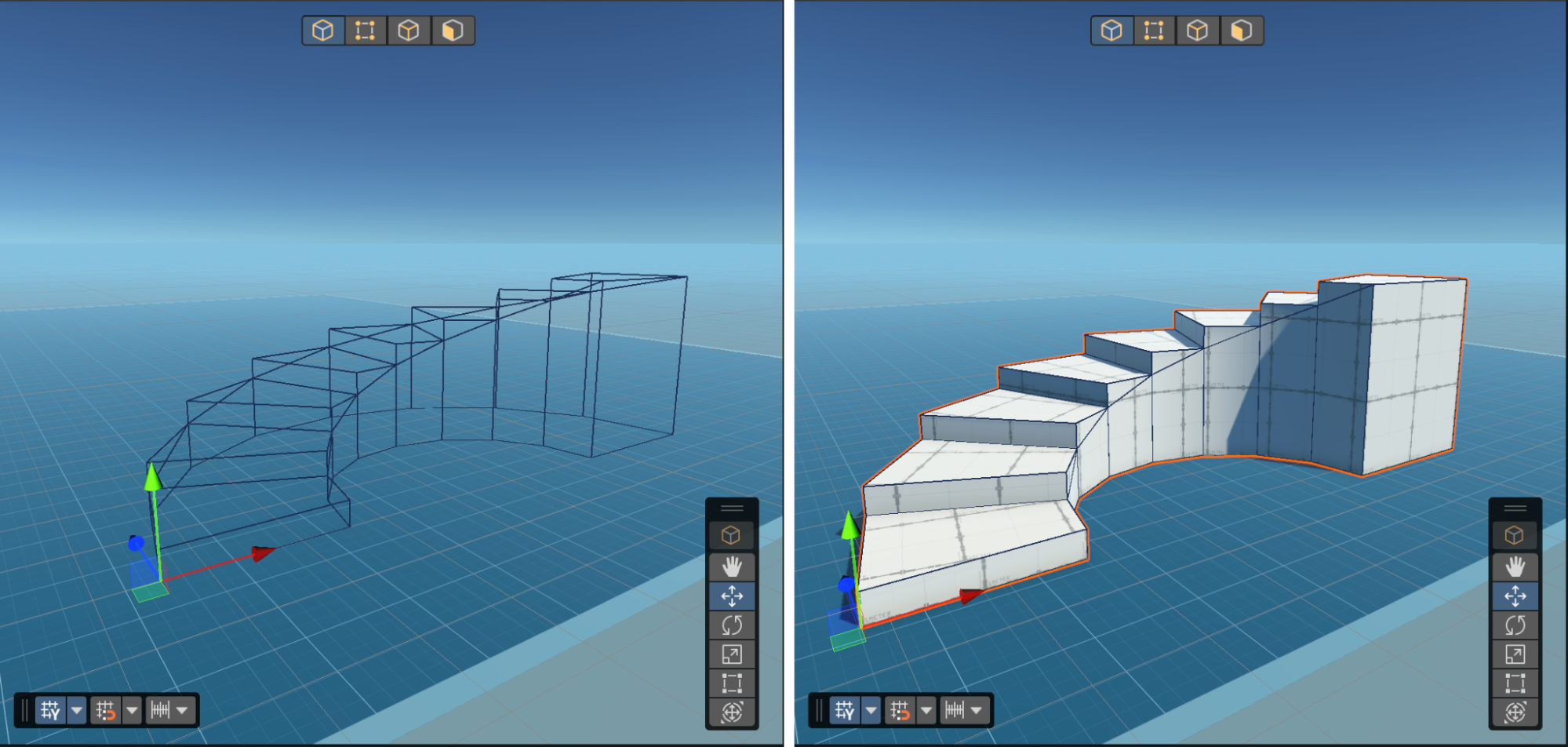 A new project in Unity 2022 LTS using URP, a staircase created before and after installing the support file