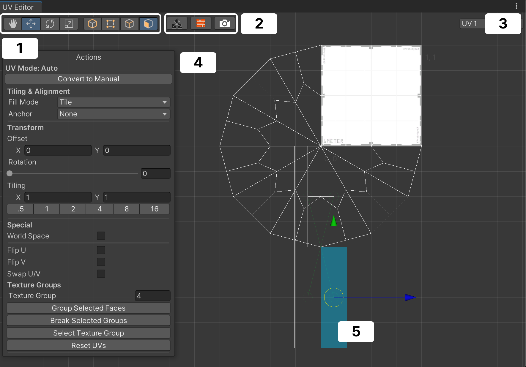 This is the UV Editor window for a cylindrical shaped object and the default UV mapping.
