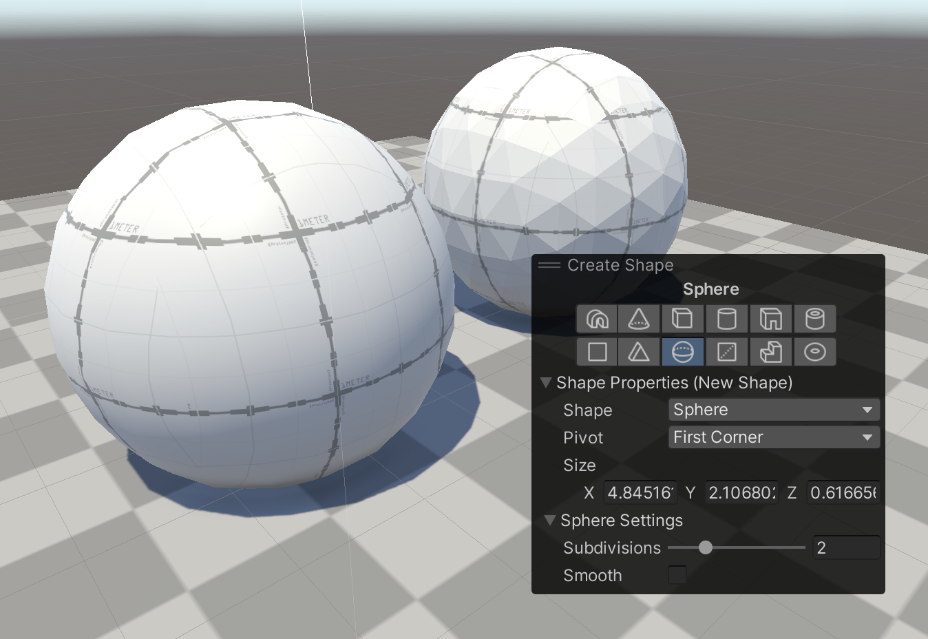 The second sphere has the Smooth option disabled. You can change this setting in the Inspector by selecting the object. 