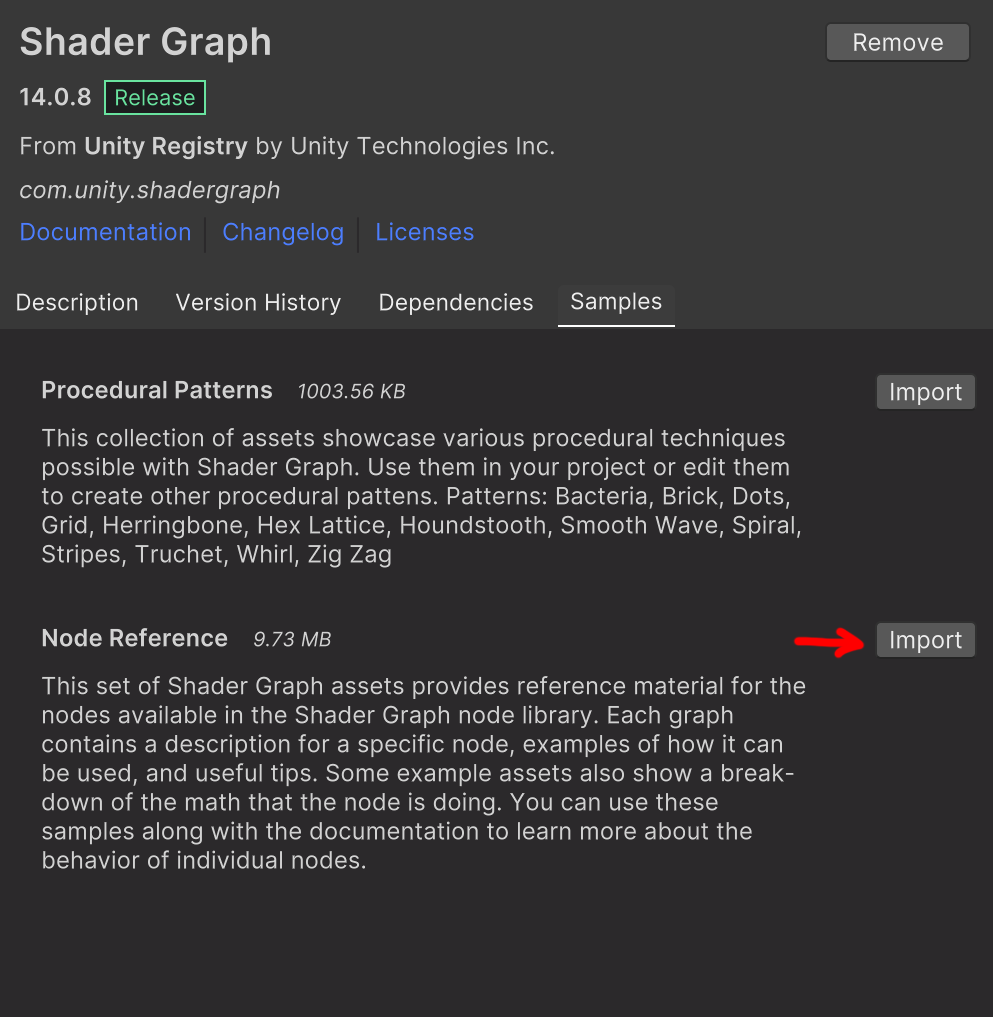套件管理器中 Shader Graph 套件的詳細資訊顯示了匯入節點參考範例的按鈕