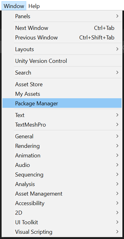 The Window Menu showing the Package Manager option