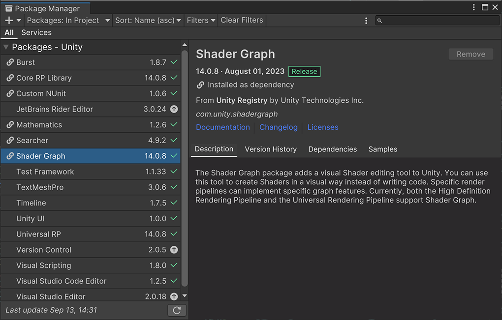選擇了 Shader Graph 套件的套件管理器窗口