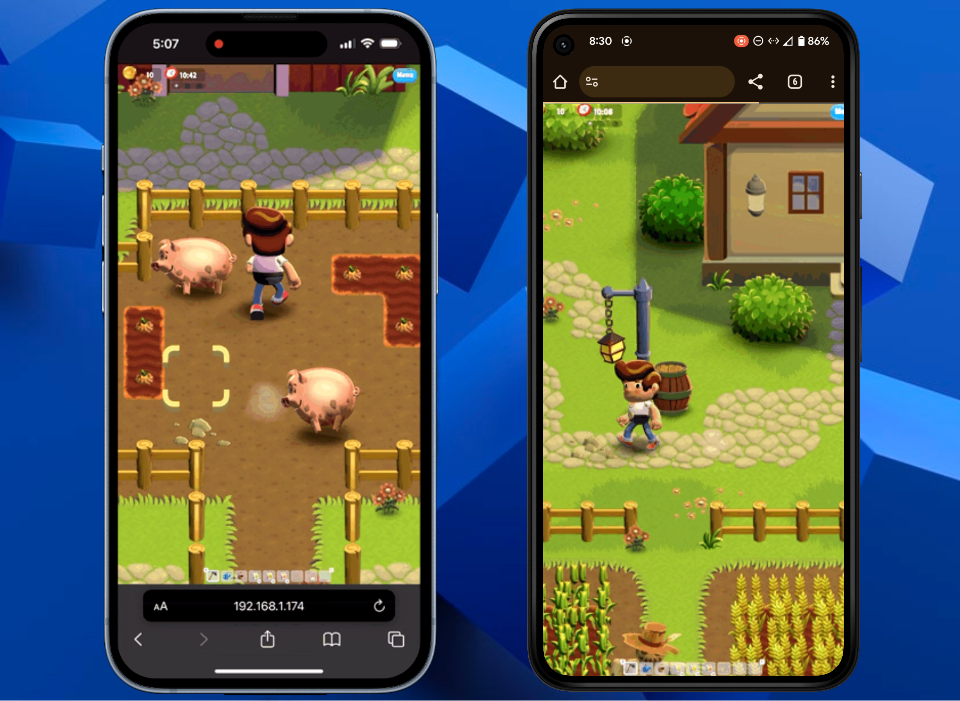 Unity’s 2D sample project Happy Harvest running in Safari on an iPhone 15 Pro