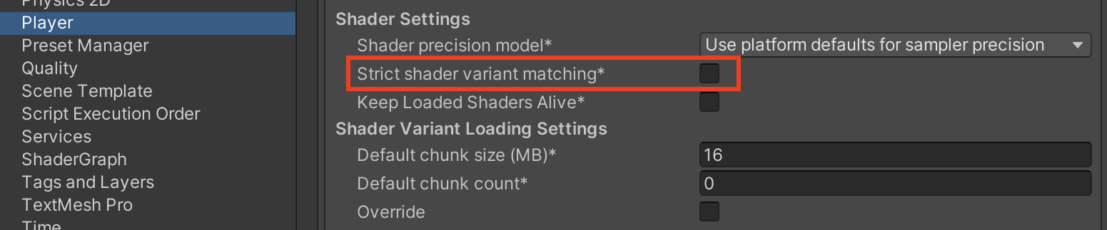 Enable Strict Shader Variant Matching in Project Settings