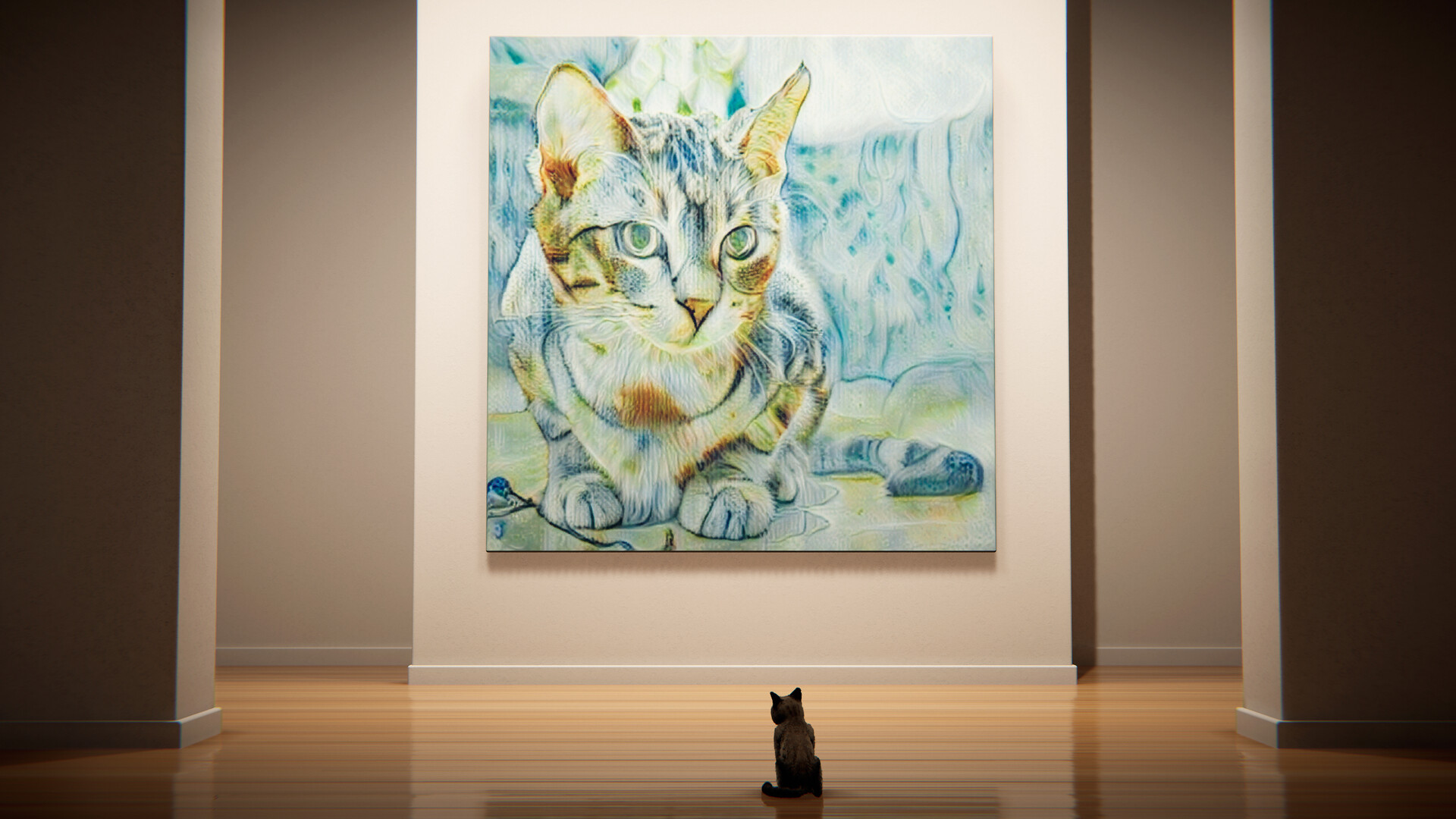 Cat looking at a cat painting