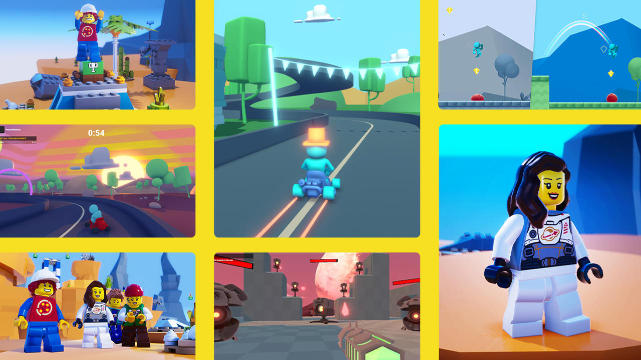 A collage of images the FPS microgame, the Lego microgame and the karting microgame with yellow separating them 