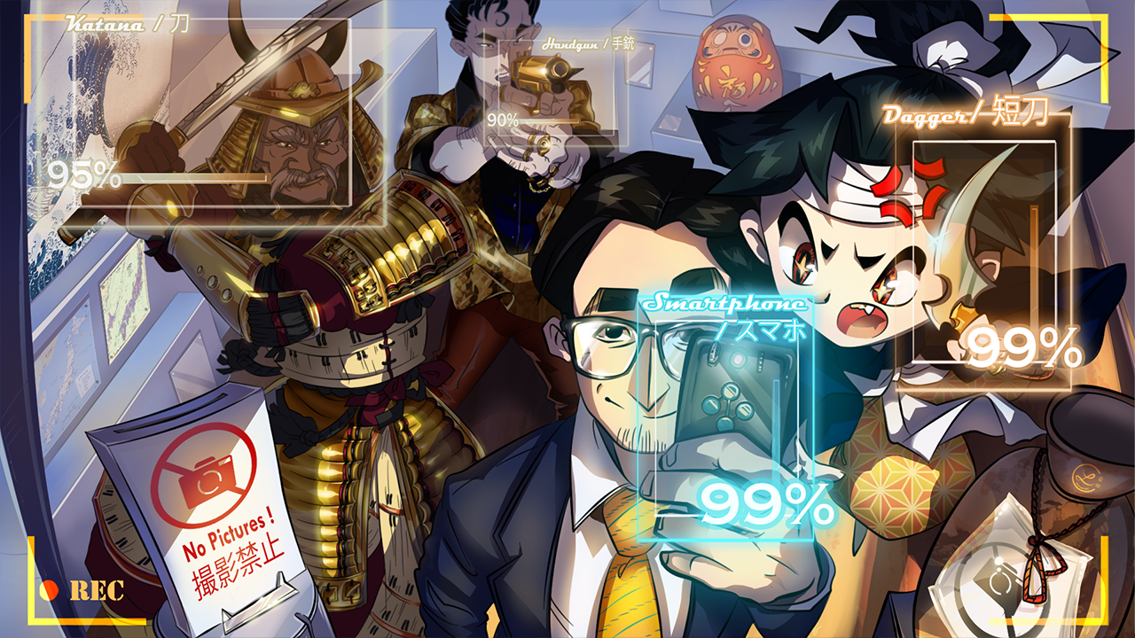 Anime-style image. Several people in shot. A samurai, a business man, a  man with a golden gun, a girl with a bandana wrapped around her head.