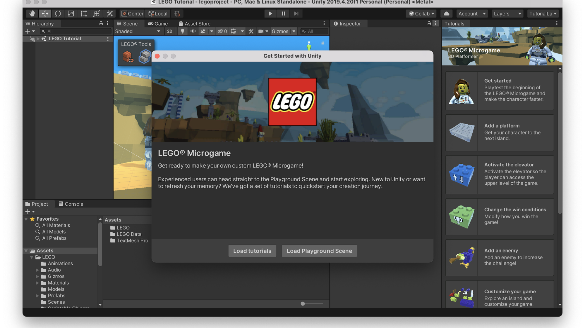 Editor screenshot with a tutorial of LEGO Micrograme