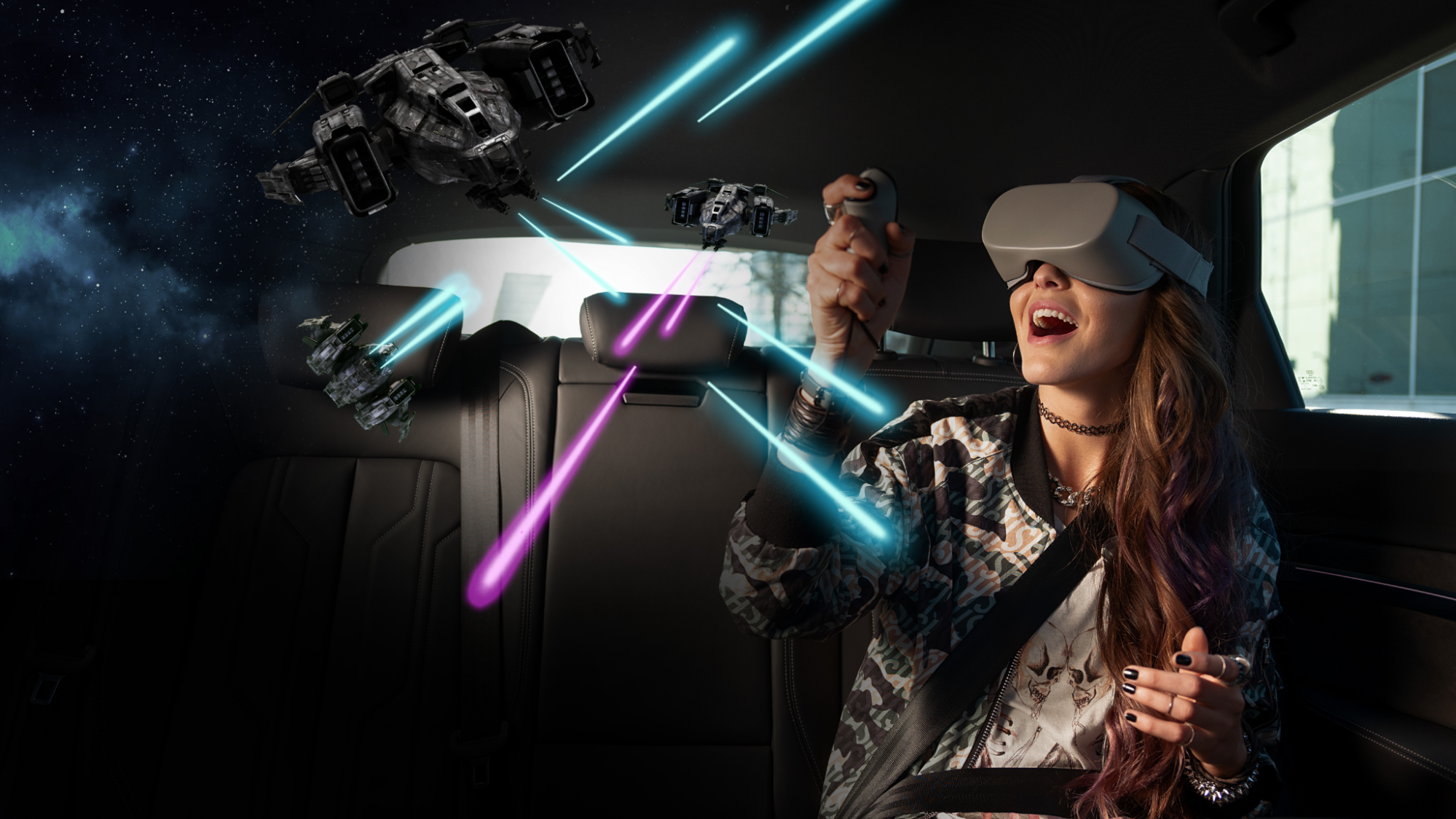 Girl in a sedan with black leather interior wearing a grey VR headset playing a Star Wars-esk game
