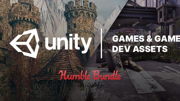 Two split scenes, a castle on the left and a village on the right reading, "Unity | Games and Game Dev Assets", "Humble Bundle"