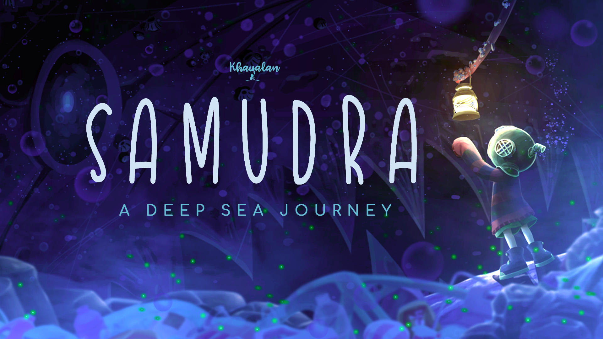 Dark blue underwater scene with a person in a deep-sea diving helmet reaching up to a lantern, with the words "Samudra, A deep sea journey" overlaid.