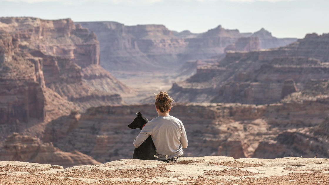 Person sitting with a dog on a ledge with a rocky vista in front.
