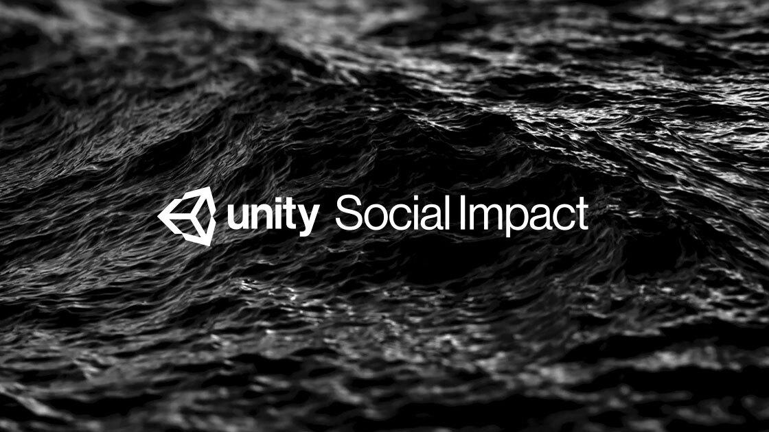Black and white image of waves in the background and Unity Social Impact logo overlaid
