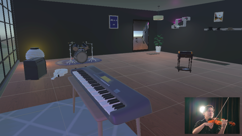 Room with a musical keyboard and drums, with an inset photo of a person with a string instrument in the bottom right