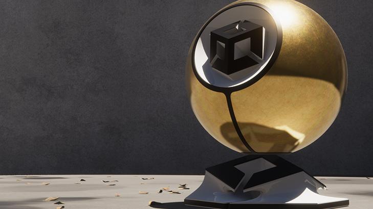 Image of a shiny gold globe with Unity's logo against a grey background