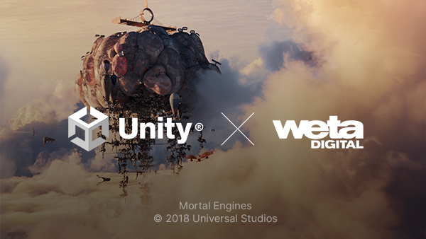 Mortal Engines movie screenshot with Unity logo and Weta Digital logo overlaid in white