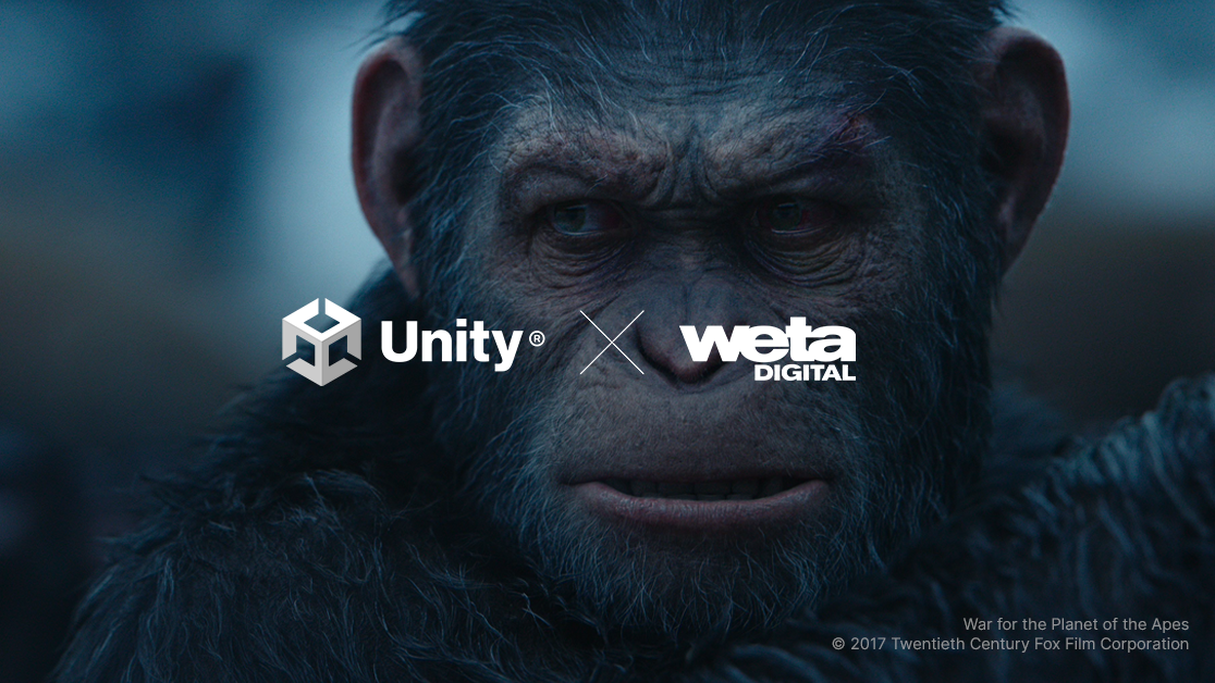 Unity logo and Weta Digital logo in white with a closeup image of a chimpanzee in the background.