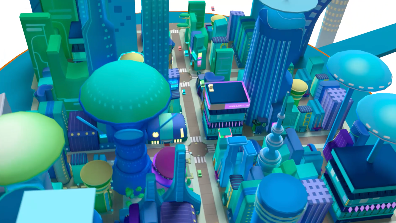 Digital city view in green, blue, and purple.
