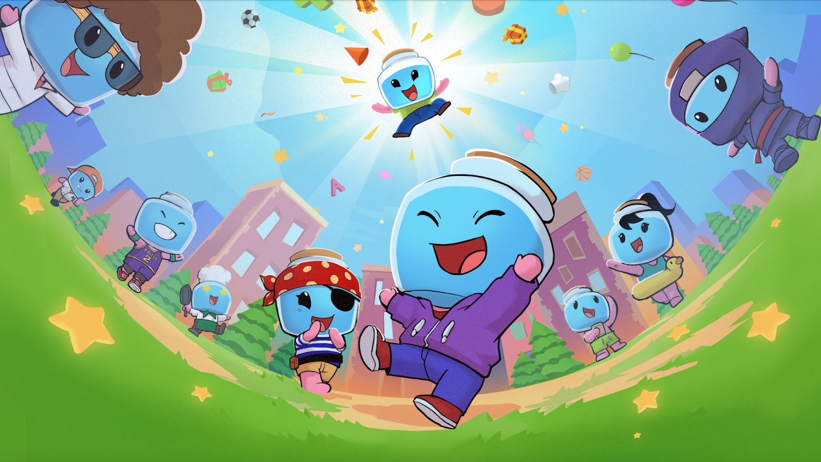 Bottle-headed characters playing in a grassy area