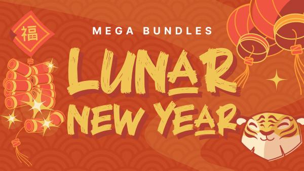 Banner with red background and images of lanterns and red pockets around text "Lunar New Year: up to 95% off double the bundles to brave your next big adventure"