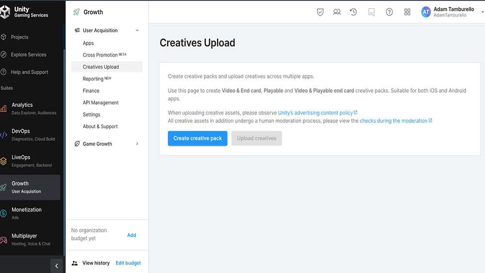 Screen showing Creatives Upload tab