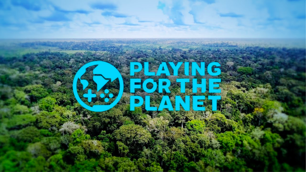 Playing for the Planet logo overlaid on an image overlooking a forest.