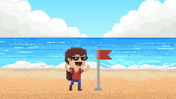 A pixelated man on a beach with a flag