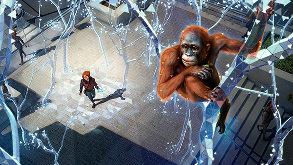 Wildeverse concept art of an orangutan in a tree with a person walking below.