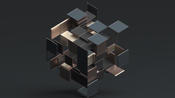 A metallic abstract cube on a black background