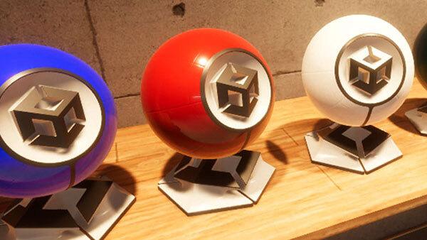 Unity logo tennis ball-shaped spheres in different materials