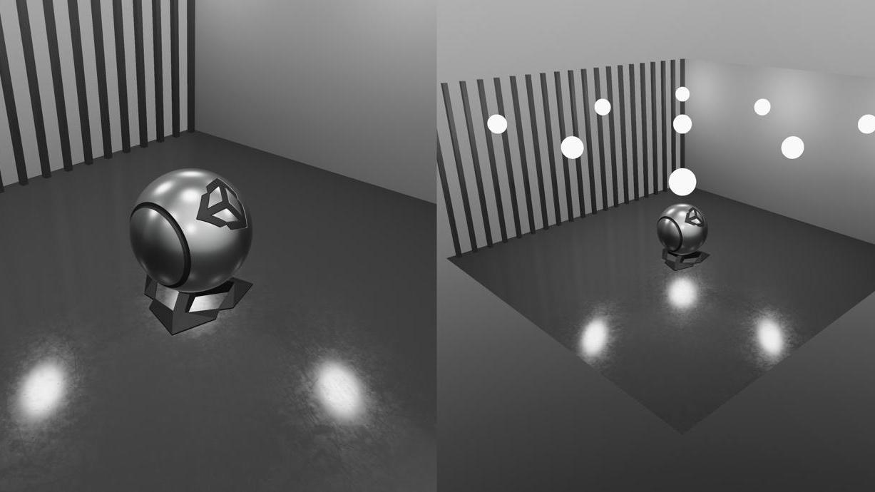 Same scene but with emissive proxies captured by the Reflection Probe (left) vs an alternative perspective showcasing the placement of said proxies (right)