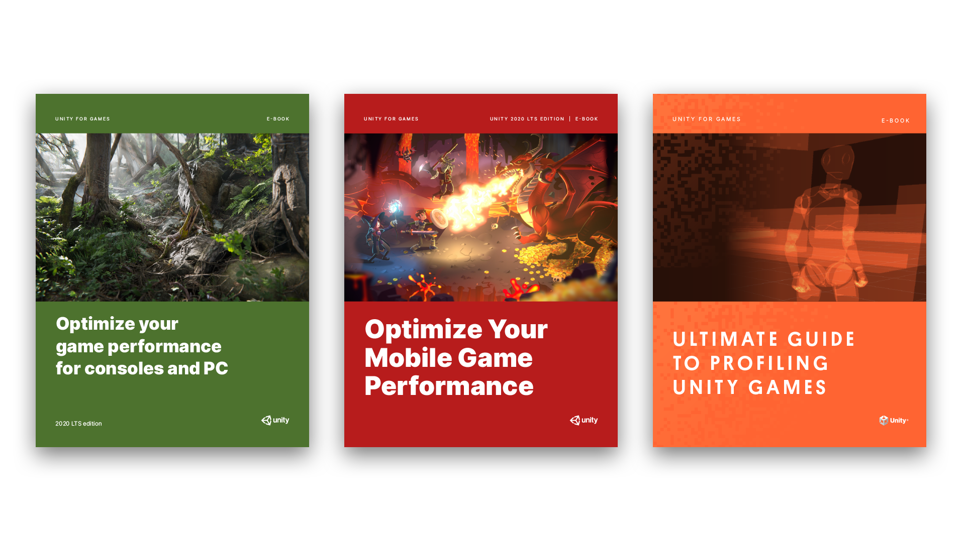 Game performance e-books from Unity, cover images of three side-by-side