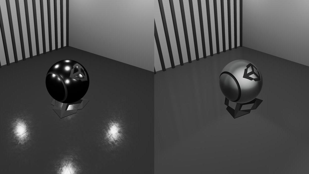 A simple scene containing several Baked point lights before a lightmap bake (left) vs same scene after baking lightmaps (right): Notice that specular highlights are missing after baking.
