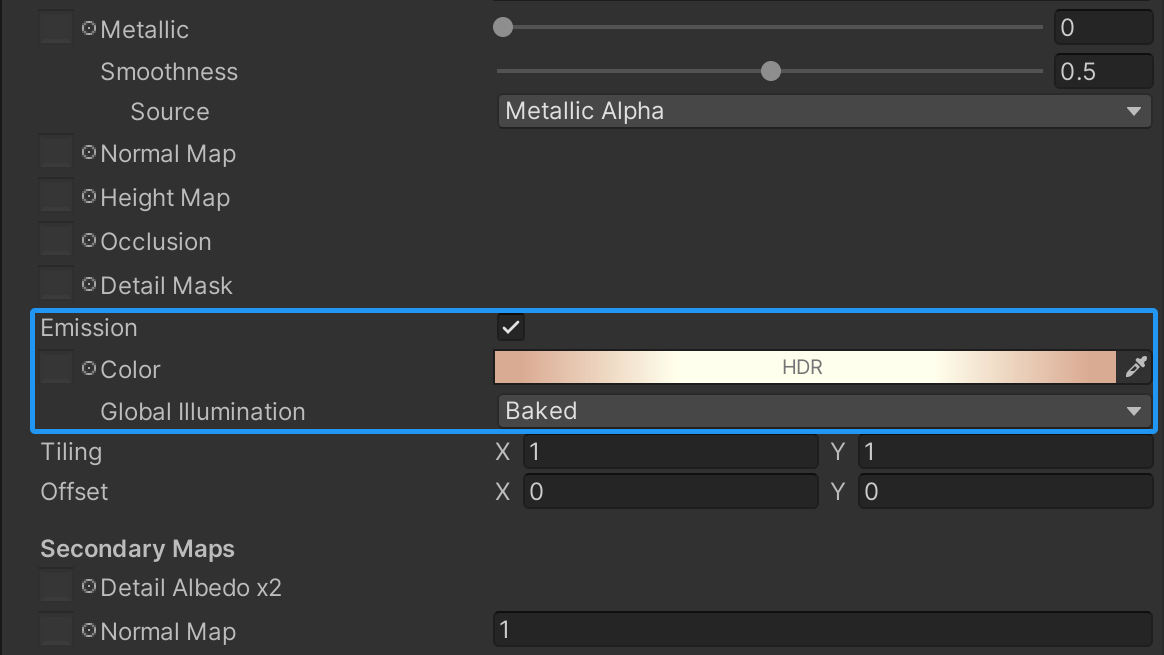 Material Inspector in the Built-in Render Pipeline: We highlighted Emission properties in blue.