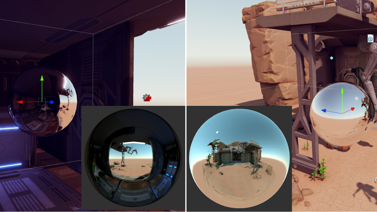 Reflection Probes used with assets from the ported URP version of the Unity demo FPS Sample: The Inspection. Each Reflection Probe captures an image of its surroundings in a cubemap texture. 