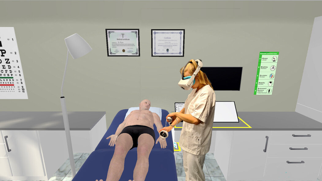 Nurse trains in a virtual reality environment.