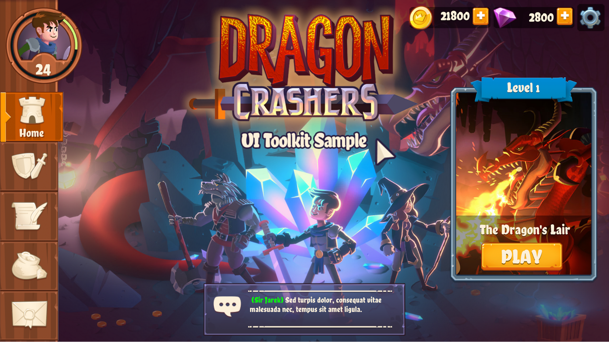 UI Toolkit demo project, Dragon Crashers, home screen