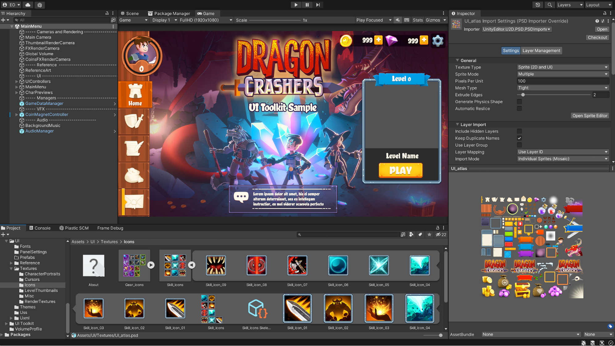 A PSD file containing the icons shown in Project view unfolds all the sprites from within the file that can be used as 2D sprites in any other Unity system.