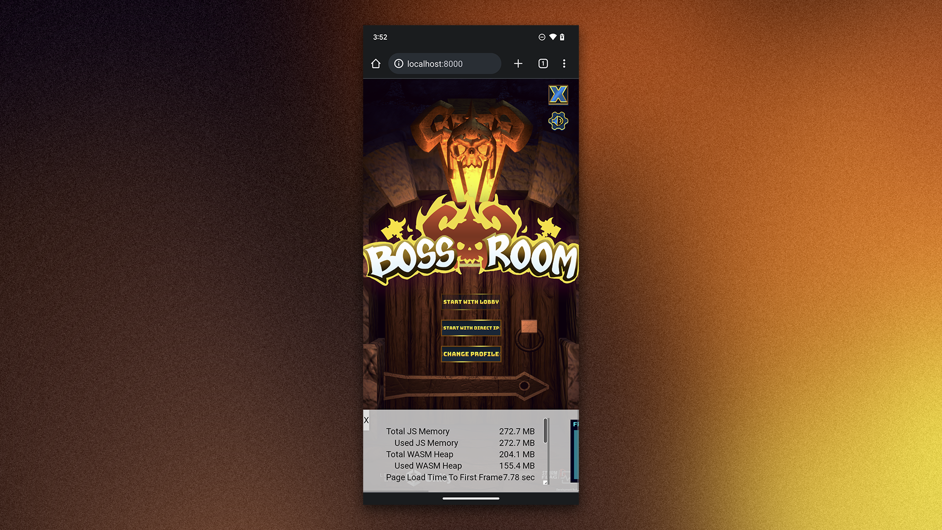 Boss Room demo project running on mobile browser with the new web diagnostic tool