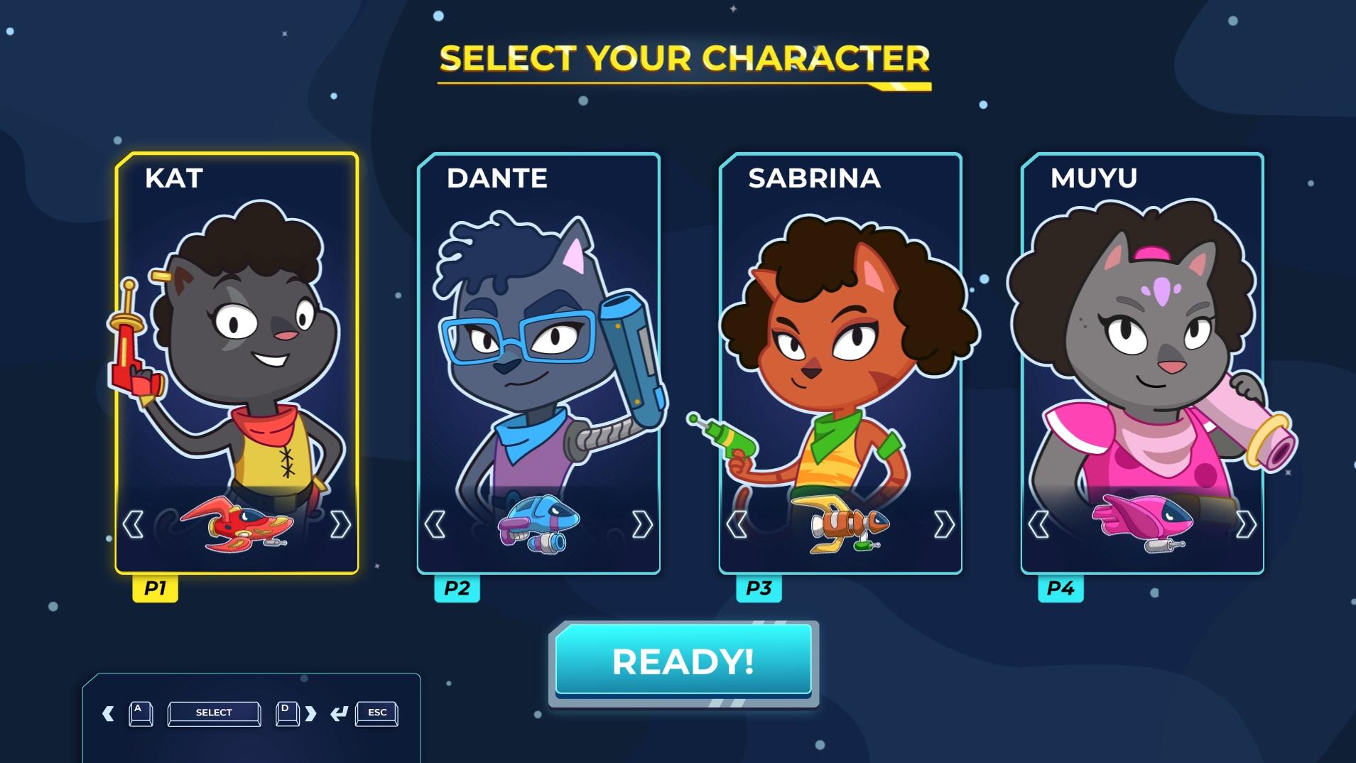 Character selection screen from Galactic Kittens sample game.