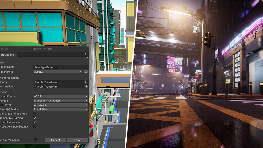 A prototype made with ProBuilder on the left, with the FBX Exporter panel open, and the final environment by the artist on the right