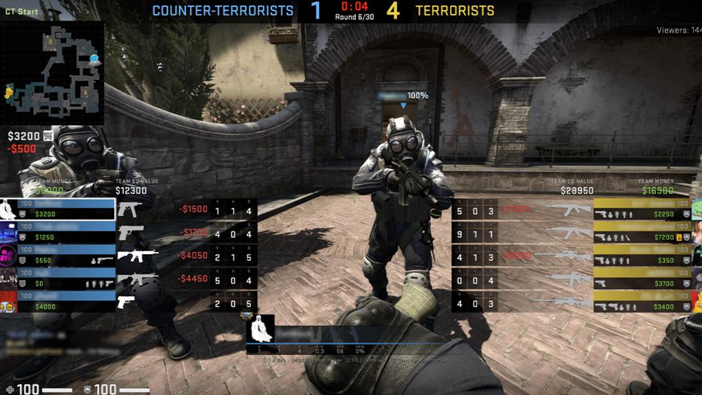 An image from Counter-Strike: Global Offensive or CS:GO, by Valve and Hidden Path Entertainment, courtesy of interfaceingame.com: The UI prematch start screen in spectator mode shows team composition, economy and arsenal, minimap and scores, all with detailed information, alongside data on the spectated player and number of viewers.
