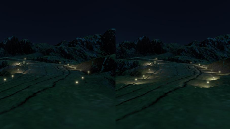 Multiple lights (19 Point lights) that affect the same geometry in a scene using the Forward path (left) and the Deferred path (right)