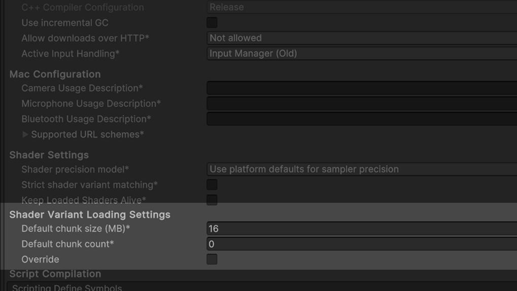 Editor > Project Settings > Player > Shader Variant Loading Settings