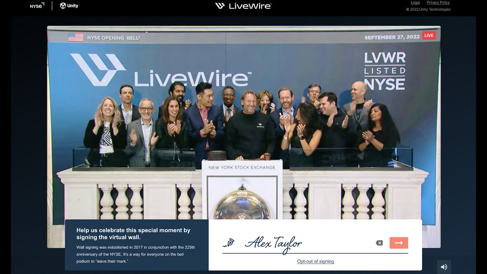 LiveWire's in-browser experience for its NYSE celebration