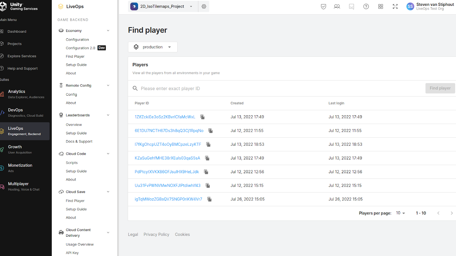 Backend player dashboard: "Find player" view